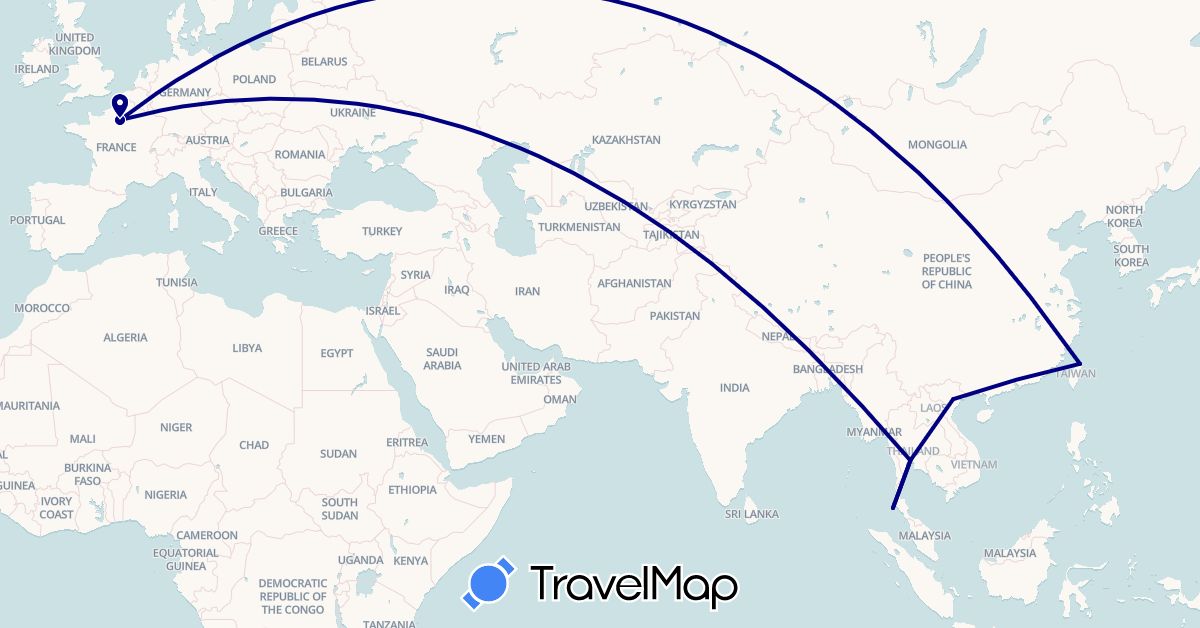 TravelMap itinerary: driving in France, Thailand, Taiwan, Vietnam (Asia, Europe)